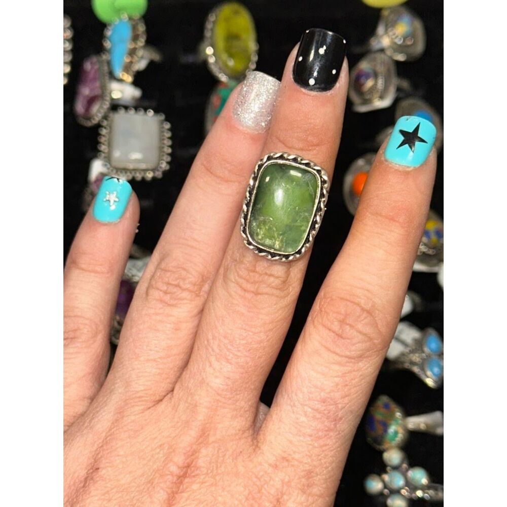 Rectangle Nephrite Jade Sterling Overlay Ring Size 5